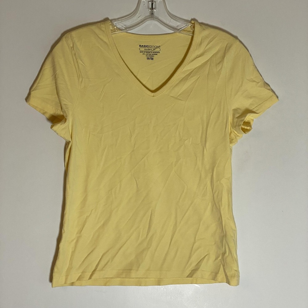 Basic Editions Top Womens Medium Yellow V Neck Short Sleeve‎ Stretch Tee Y2K Fun